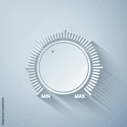 Paper cut Dial knob level technology settings icon isolated on grey background. Volume button, sound control, music knob with number scale, analog regulator. Paper art style. Vector Illustration