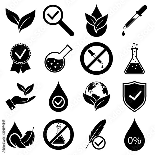 No dye added set icons, logo isolated on white background. Hypoallergenic tested, organically clean no added chemistry, no harm to health