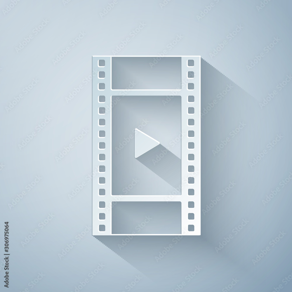 Paper cut Play Video icon isolated on grey background. Film strip with play sign. Paper art style. Vector Illustration