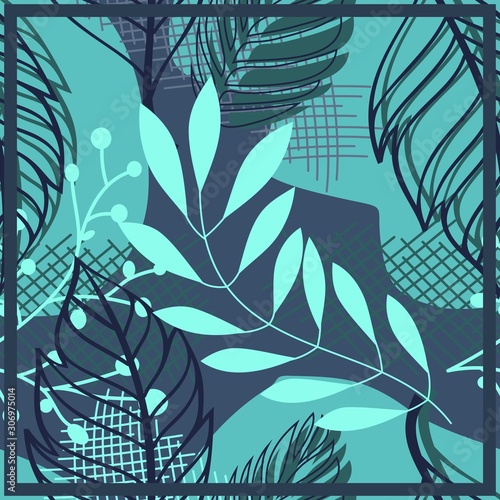 Design of hijab or scarf motifs with abstract foliage patterns