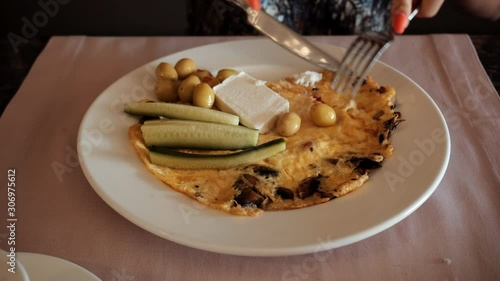 Omelette With Vegetables On Plate.English Breakfast On Reesort At Morning.Eggs With Cheese And Vegetables.Omelette Breakfast On All Inclusive Hotel. photo