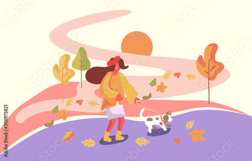 Girl taking a dog for a walk in the park. stock illustration © Bubisha