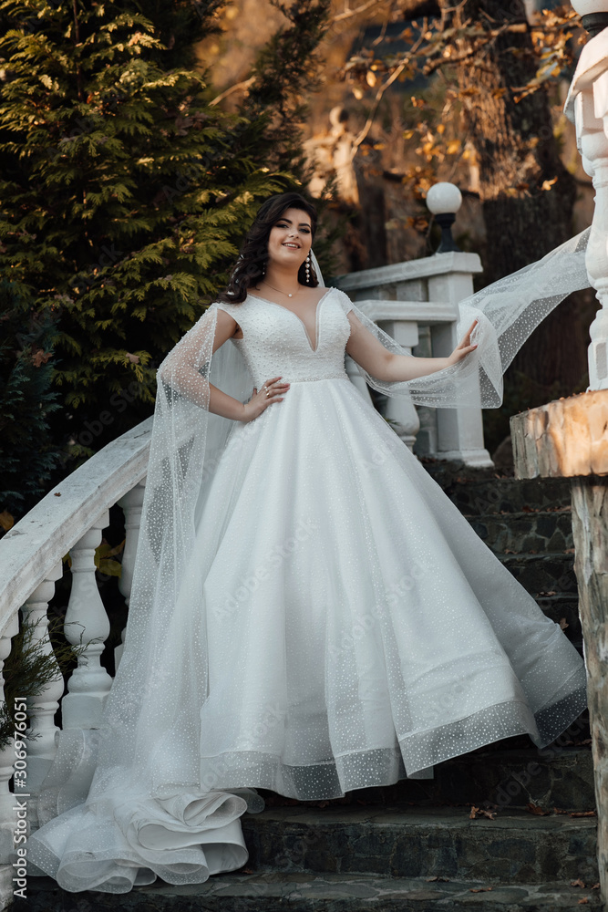 Stockfoto Beautiful in luxurious ballroom dress walking up the stairs. Charming autumn bride. Beautiful woman with professional make up and hair style. Attractive young woman enjoying time. | Adobe Stock