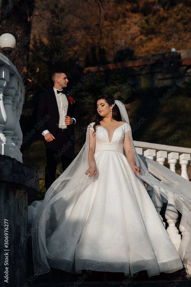 Bride and groom posing on the stairs. Just married loving couple in wedding dress and suit in autumn. Bride and groom having a romantic moments on their wedding day. Bride and groom posing on the stairs. Just married loving couple in wedding dress and suit in autumn. Bride and groom having a romantic moments on their wedding day.