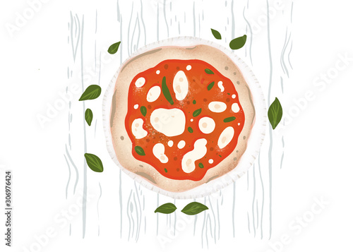 Mmmm tasty food at the table! Pizza textured illustration from above with Basilico leaves.