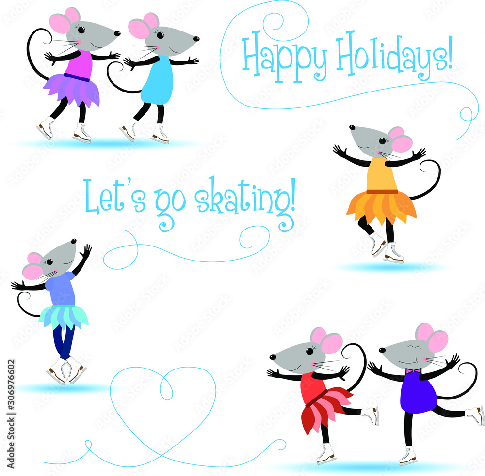 Card with cute little mice in skates. Vector illustration for Christmas posters, cards, gift tags.