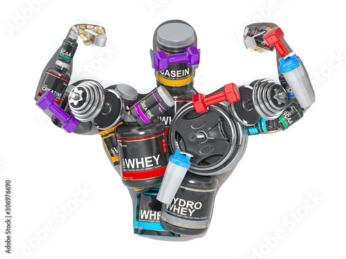 Fotografie Bodybuider silhouette from sports  nutrition sfor bodybuilding, barbell and dumbells isolated on white background