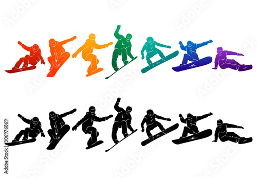 Snowboard, snowboarders, snowboarding extreme winter sport people silhouettes vector illustration, riding a board, tricks