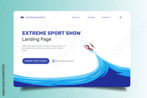 Landing Page illustration with speedboat, Water Background, Extreme Sport, Water Sport Illustration Page, Vector.
