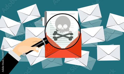 Laptop with open envelope and skull . Concept of virus, piracy, hacking and security. Flat vector illustration.