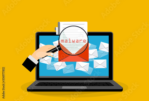Concept of virus, piracy, hacking and security. Envelope with walware. Website banner of e-mail protection, anti-malware software. Flat vector illustration.