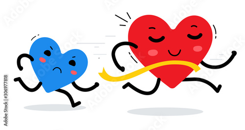 Vector illustration of red smiling happy heart and blue sad heart character running marathon on white background.