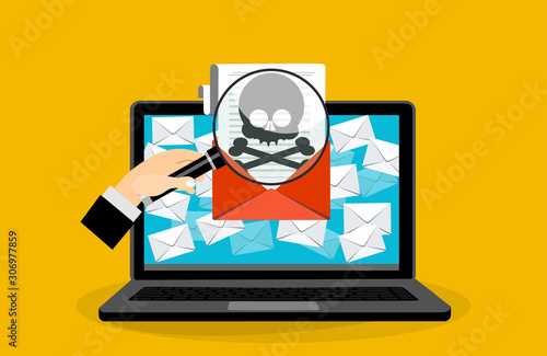 Laptop with open envelope and skull on the screen. Concept of virus, piracy, hacking and security. Flat vector illustration.