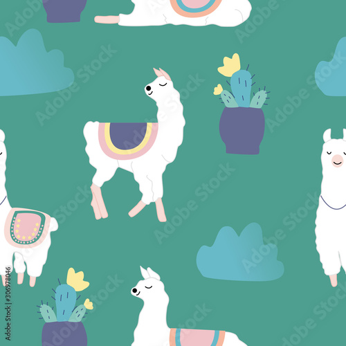 Cute llamas, flowers and clouds in a seamless pattern design