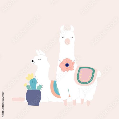 cute llamas and succulents, vector illustration