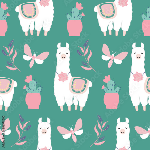Cute llamas and butterflies in a seamless pattern design