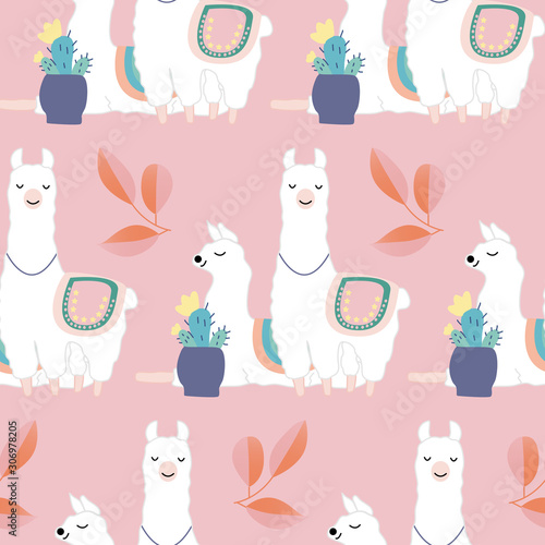 Cute llamas and colorful leaves and flowers, seamless pattern