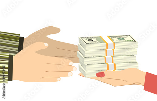 Two businessman hands, giving money. illustration in flat style