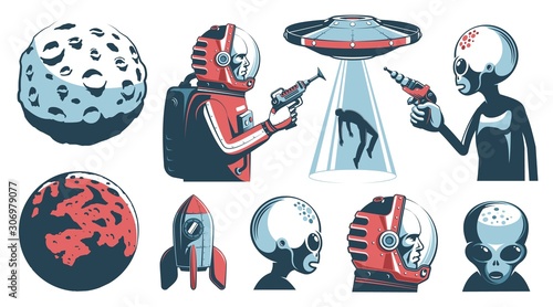 Alien UFO vintage set with astronaut and martian. Space retro design elements. Vector illustration.