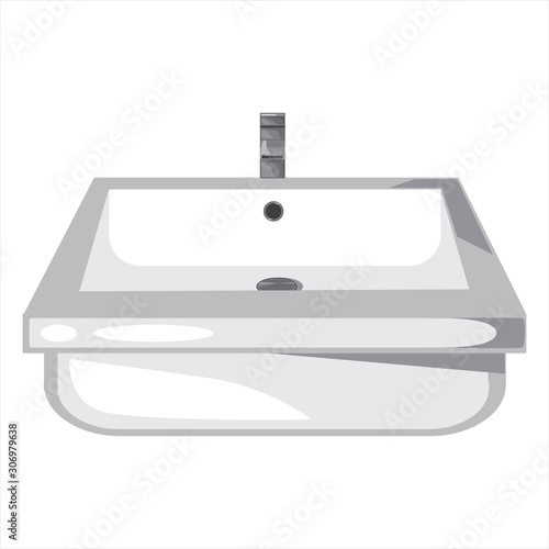 A square washbasin washbasin with plumbing frontally, a vector stock illustration with single porcelain washbasins, faucet and pipes isolated on a white background