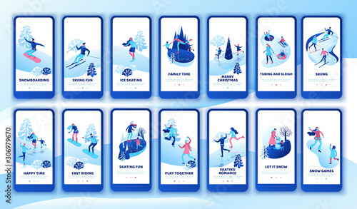 Winter sports mobile app template big set, ski, snowboard,together, vertical layout, ui design, ice skating simple family, isometric minimal people illustration, vector winter sport, skating rink
