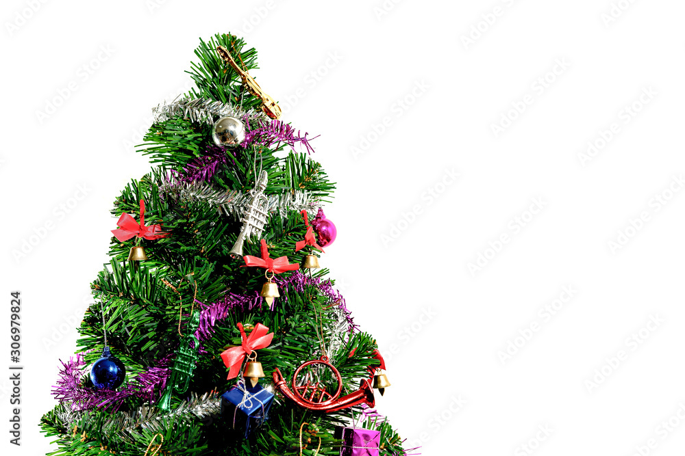 Green Christmas tree decorated with gifts And white background