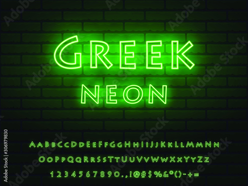 bold green neon font greek style. letters, numerals, signs, symbols and icons for advertising and web design