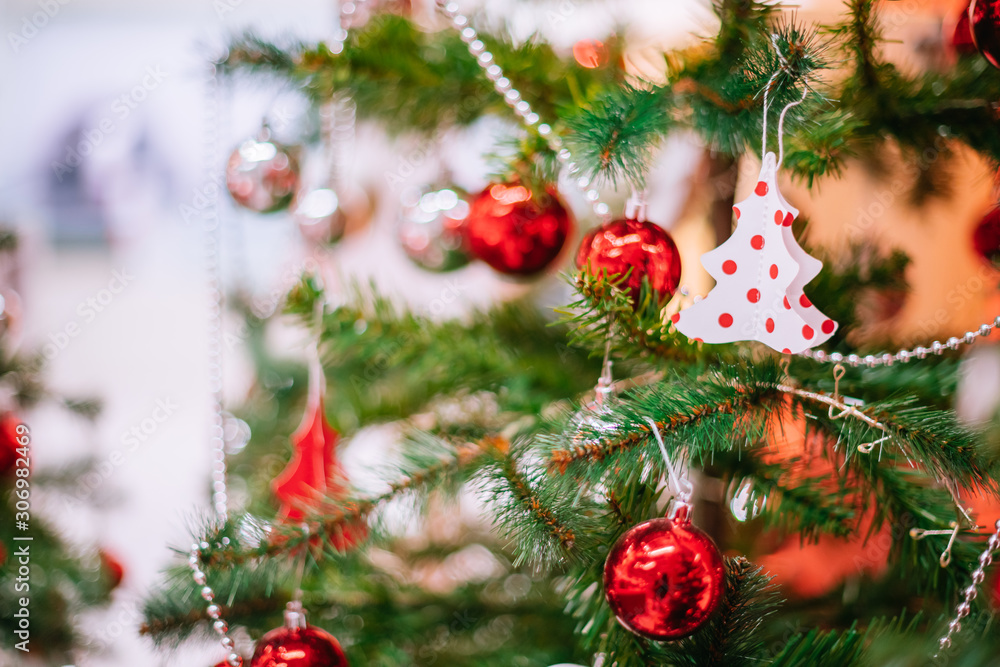 Fototapeta premium Christmas holidays banner, tree, bokeh background.