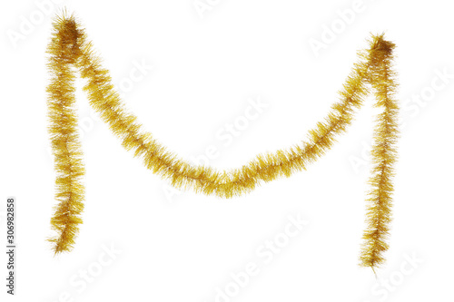 Christmas tinsel hanging on white background