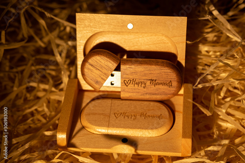 USB flash drive wood in a box. with laser engraving "happy moments". set for the photographer, presentable set of photos, luxury