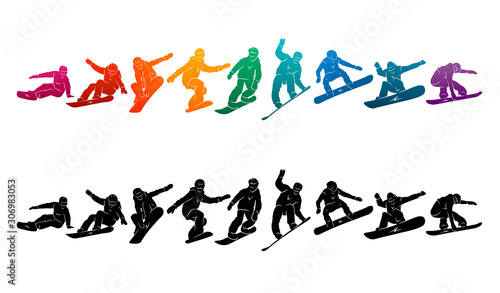 Snowboard, snowboarders, snowboarding extreme winter sport people silhouettes vector illustration, riding a board, tricks