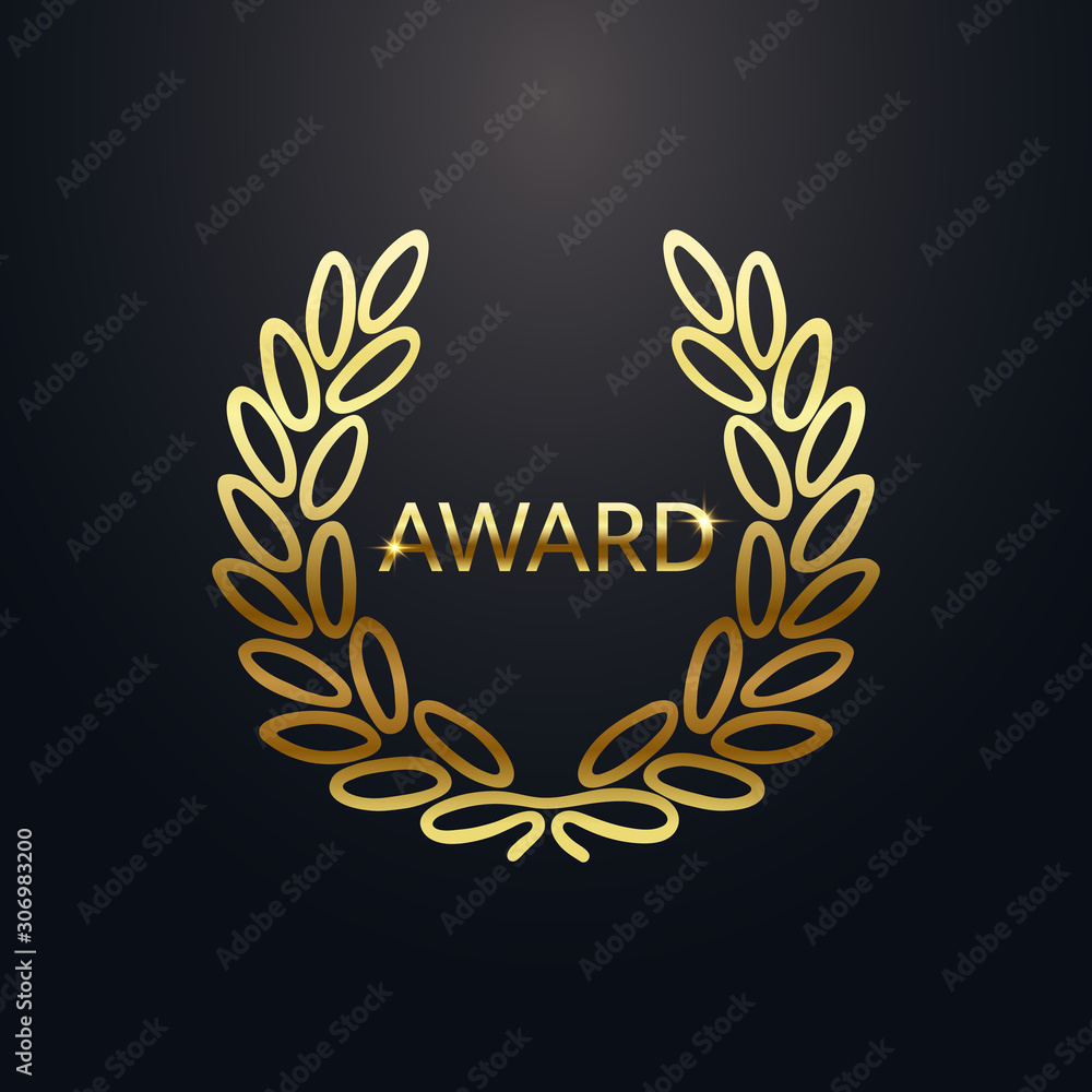 Obraz premium Award laurel with text. Gold laurel wreath on dark background. Rewarding the best. Luxury emblem for winner. Symbol of victory, triumph and success. Vector illustration
