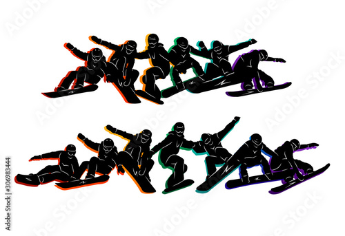 Snowboard, snowboarders, snowboarding extreme winter sport people silhouettes vector illustration, riding a board, tricks