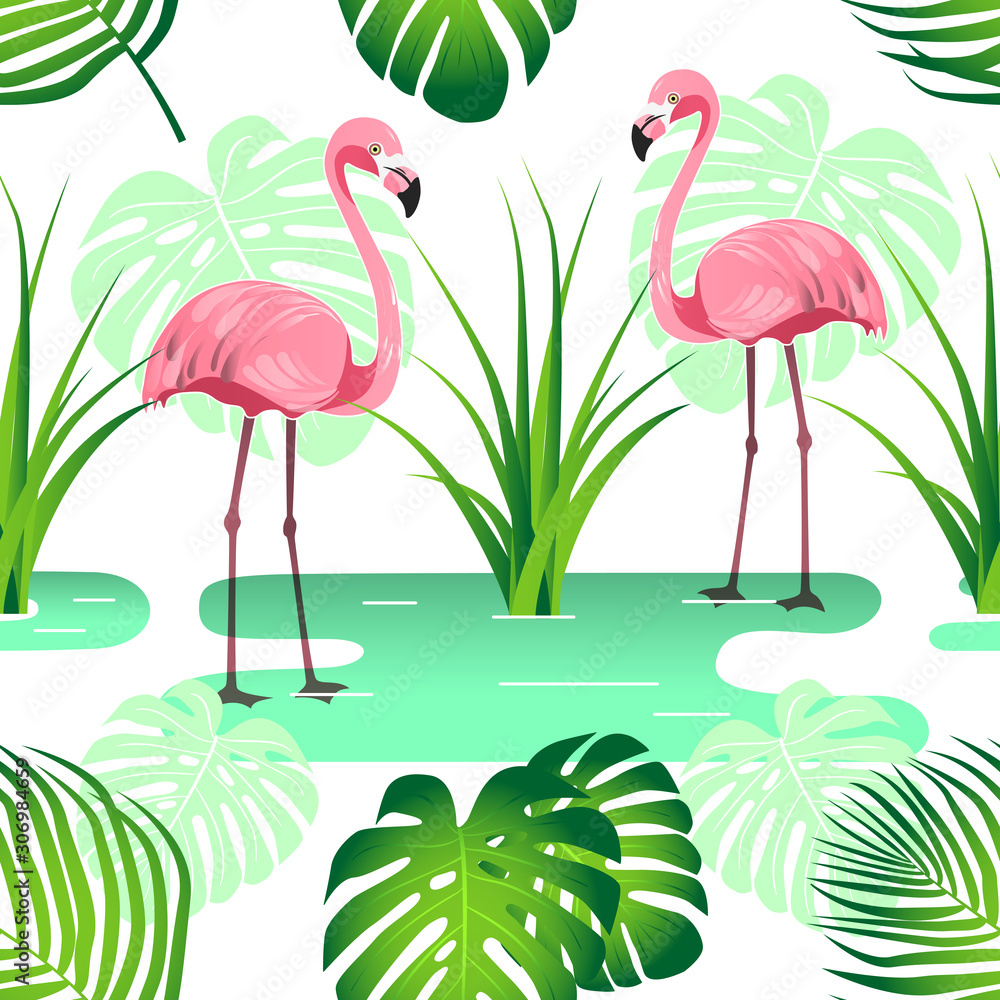 Obraz premium Pink Flamingo surrounded by palm leaves, monsters and sedge. Seamless background for decoration, packaging, paper, fabric. ть