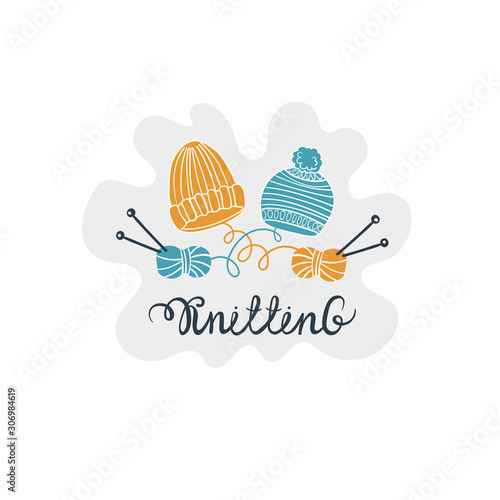 Vector illustration on the theme of knitting. Colored composition with knitted hats, balls of yarn, knitting needles on a white background