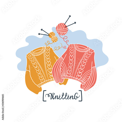 Vector illustration on the theme of knitting. Colored composition with sweaters, balls of yarn, knitting needles on a white background