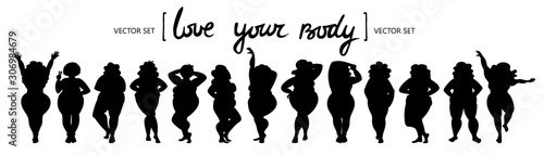 Vector isolated set of women's silhouettes in different poses on white background. Body positive models. Collection on the theme of fashion and beauty 