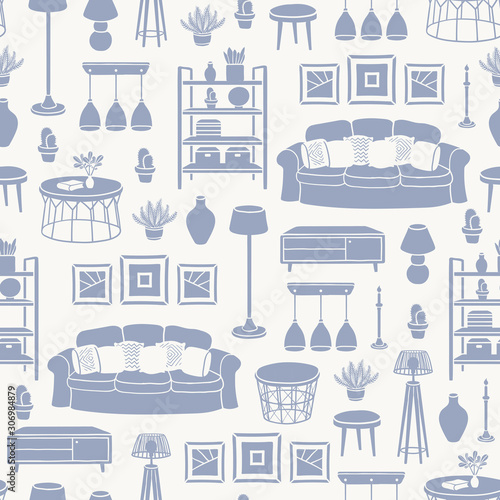 Vector seamless pattern with isolated silhouettes of living room furniture and houseplants on beige background. Pattern on the theme of home interior design
