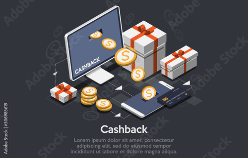 Isometric cashback and saving money concept. Money refund. Digital payment or online cashback service. Electronic invoice.