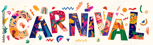 Beautiful holiday vector illustration with text Carnival. Design for holiday celebration, Brazil Carnival, festival or party 
