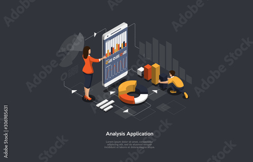 Isometric application of smartphone with business graph and analytics data. Analysis UI/UX trends and financial strategy by using infographic chart. Online statistics and data Analytics.