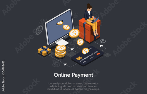 Isometric online payment concept. Internet payments, online banking. Vector illustration