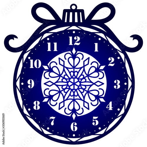 Laser cutting template. Christmas ball with a deer in winter forest. Dial with arabic numerals. Silhouette of clock on white background. Christmas design. Decor for home. Vector watch for wood carving