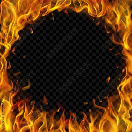 Translucent round frame made of fire flames and sparks on transparent background. For used on dark illustrations. Transparency only in vector format