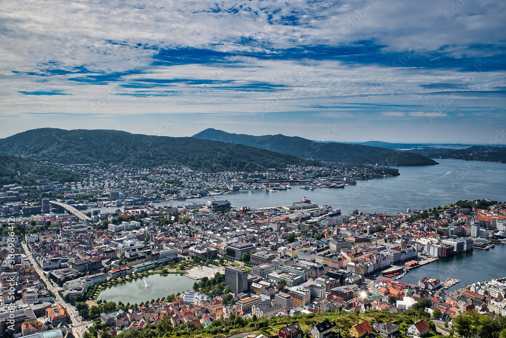 Bergen city panoramic landscape from the mountains