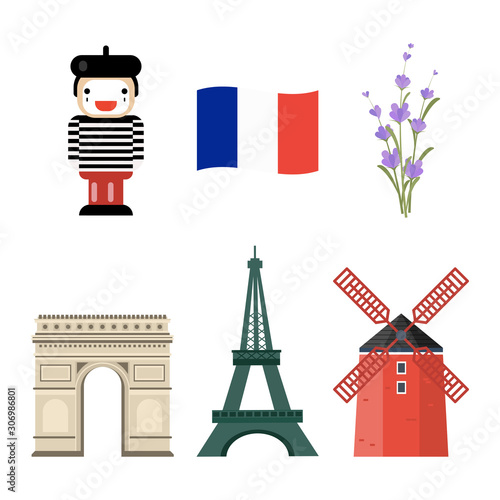 Set of famouse elements and landscapes of France. Vector illustration
