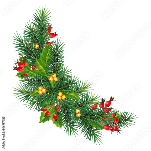Christmas and happy New Year border of Christmas tree branches with red berry, rosehip. Holidays decoration. Eps 10