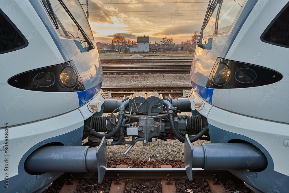Train Multiple Unit Carriages connected with railway coupling Stock
