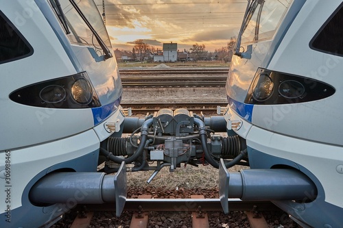 Train Multiple Unit Carriages connected with railway coupling