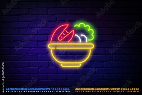 Neon red crab in plate icon. Neon lobster Seafood Design template, light banner, night signboard, nightly bright advertising, light inscription. Vector illustration